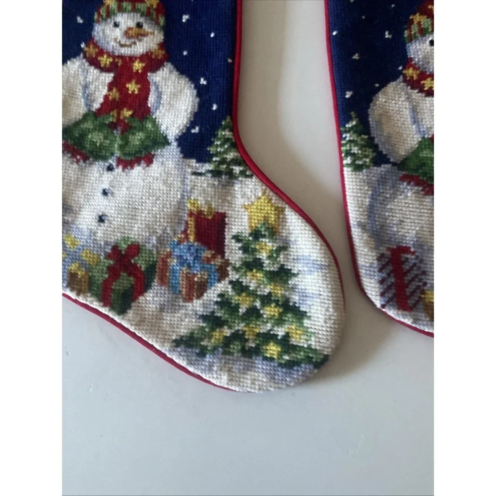 Christmas Snowman Lot of 2 Stockings Wool Needlepoint By Hand Red Velvet